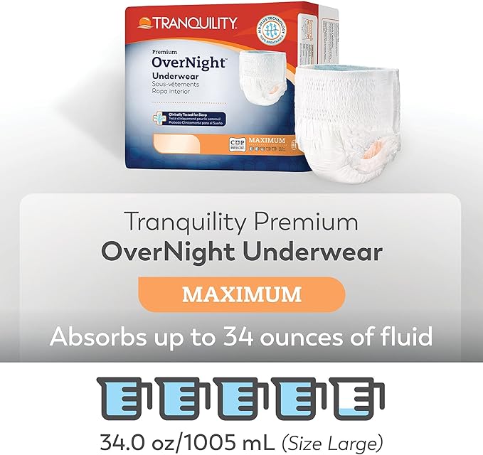 Tranquility Premium OverNight Disposable Absorbent Underwear (22 Count) - XS, 17-28 in. Waist - Maximum Absorbency, All-Night Sleep, Breathable Comfort, 22 Adult Diapers