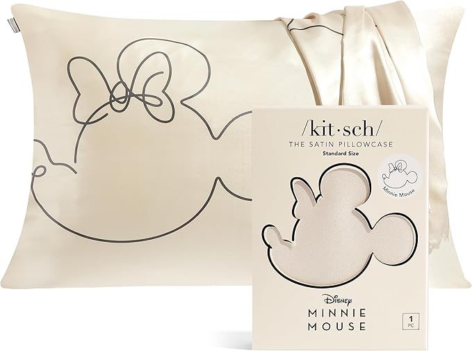 Kitsch & Disney Minnie Mouse Satin Pillowcase with Zipper Softer Than Silk, Cooling Pillow Case for Hair & Skin, Wrinkle-Free, Machine Washable, Queen/Standard (19x26)