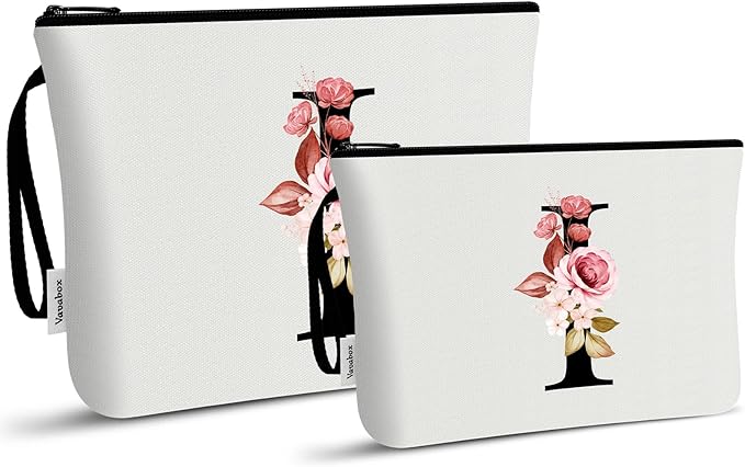 Vavabox A-Z Personalized Makeup Bag, Birthday Gifts for Women Mom, Gifts for Best Friend, Bride Bridesmaid Cosmetic bag (I, 03-White Set)