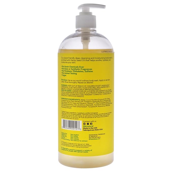 Dr. Natural Body Wash, Citrus, 32 oz - Moisturizing Body Wash for Dry Skin - Pure Plant-Based - with Organic Shea Butter - Hypoallergenic (Pack of 2)