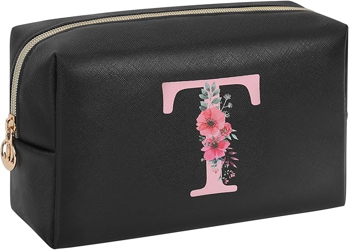 Personalized Initial Makeup Bag, Birthday Gifts for Women and Girls, Small Makeup Pouch Travel Toiletry Bag, Make Up Organizer Bag Gift Trendy Stuff for Friend Mom Teacher, Black