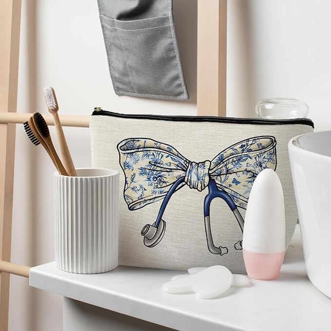 Chinoiserie Coquette Bow Stethoscope Nurse Makeup Bag, Nurse Gifts for Women Cosmetic Bags, Nurse Week Gifts Makeup Pouch, Nurse Appreciation Gifts Zipper Pouch