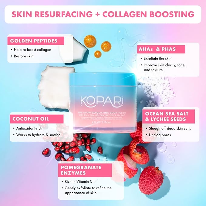 Kopari Pink Glow Exfoliating Body Polish, AHA Vegan Body Scrub for Women, Gentle and Effective, Pink Haze, 8 oz
