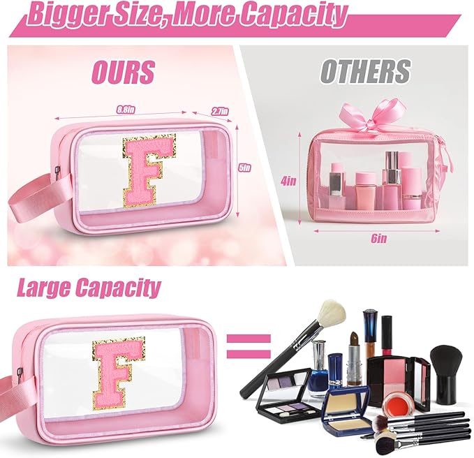 Initial Makeup Bag,Letter F Cute Clear Monogrammed Cosmetic Travel Bag for Womens Girls,Personalized Pink Aesthetic Traveling Make Up Organizer Bag for Beach,Waterproof Toiletry Bag