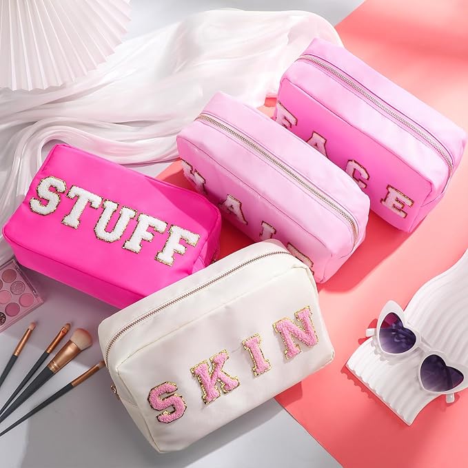 Remerry 4 PCS Nylon Cosmetic Bags Waterproof Spacious Travel Makeup Organizer for Women Chenille Letter Preppy Zipper Pouch Face Stuff Skin Hair Organizer Gift(Rose Red, Pink, Light Pink, White)