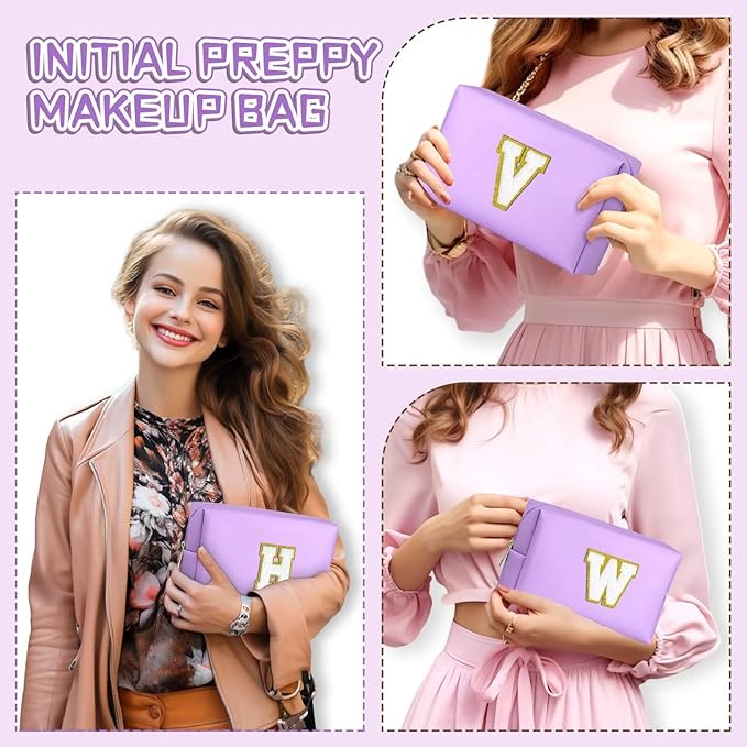 TOPEAST Cosmetic Travel Bags for Women, Preppy Small Makeup Bag, PU Leather Waterproof Toiletry Bag, Unique Friendship Gifts for Friends Coworker, Cute Stuff for Girls (Purple R)
