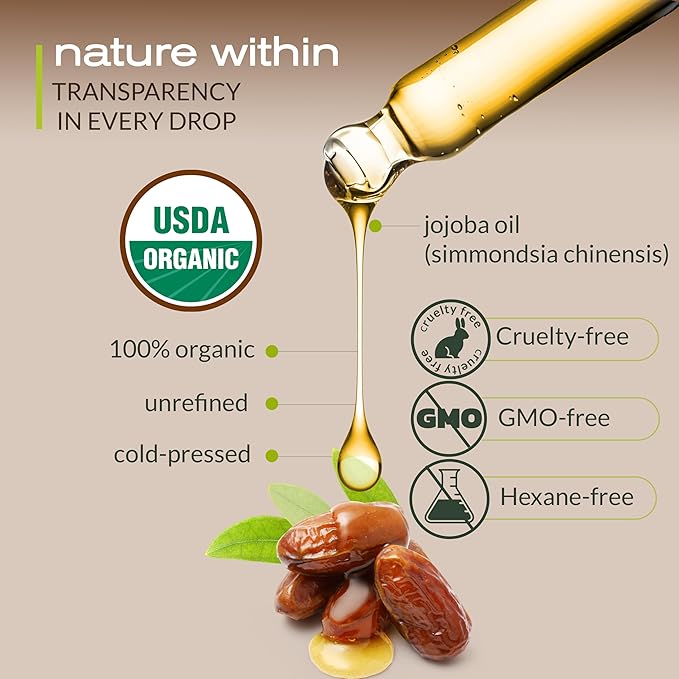 Ella & Eden Organic Jojoba Oil – USDA Certified, Cold-Pressed, 100% Pure & Unrefined, Hexane-Free Oil for Skin, Face, Hair & Nails – 4 Fl Oz Glass Bottle