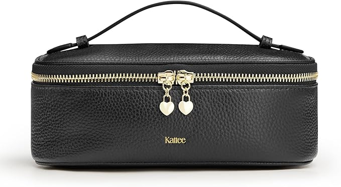Kattee Makeup Bag for Women, Leather Cosmetic Bag, Working Makeup Bags for Ladies with Handles, Portable Travel Toiletry Bag,Black