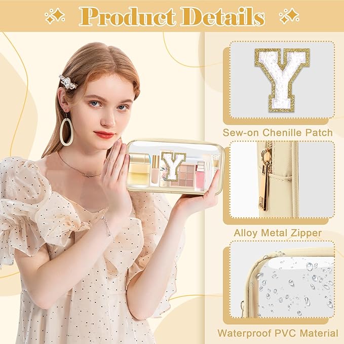 Personalized Initial Letter Clear Makeup Bag,Preppy Small Nylon&PVC Cosmetic Zipper Bag with Chenille Letter,Portable Beach Travel Skincare Toiletry Bag,Trendy Monogram Gift for Teen Girls Women,Y