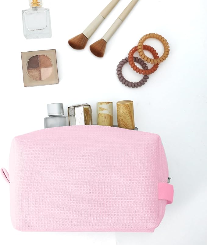 DYSHAYEN Waffle Makeup Pouch Bag, Small Travel Cosmetic Bag, Gifts for Women Bridesmaid,Wedding,Christmas (Pink)