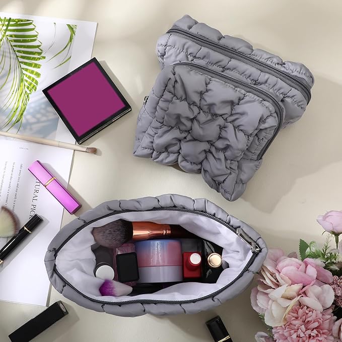 3 Pcs Puffy Makeup Bag Quilted Cosmetic Pouch for Women Cute Checkered Travel Toiletry Bag Puffer Makeup Organizer Purse Pouch Preppy Pencil Case with Zipper
