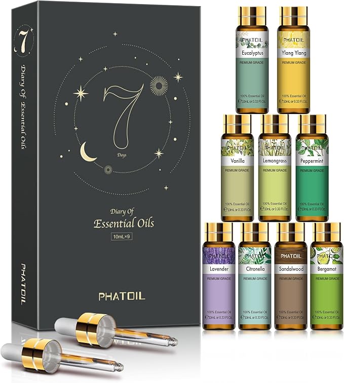 PHATOIL 9PCS Premium Quality Essential Oils Set for Soap Making Diffusers, 10ml/0.33fl. oz Fragrance Oils, Long Lasting Scents, Ideal Gift Set for Friends and Families
