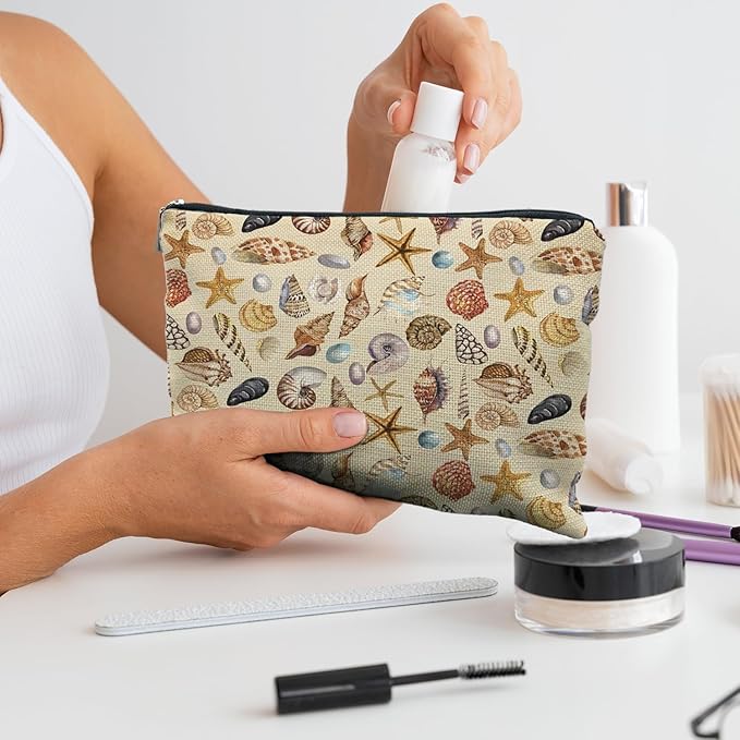 Costal Beach Makeup Cosmetic Bag for Women - Women's Beach Gifts, Seashell Starfish Beachy Small Makeup Bag Pouch for Purse