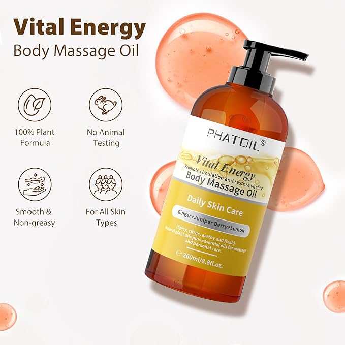 PHATOIL Ginger Oil Ginger Body Massage Oil for Gua Sha, with Lemon,Juniper Berry, 260ML Large Bottle Warming Body Oil for Spa, Lymphatic Drainage, Muscle(8.8oz)