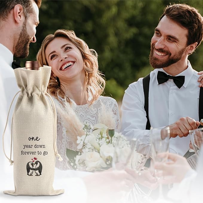 Gifts for First Anniversary for Couple Parents Husband Wife Vow Renewal Gifts One Year Down Forever to Go 1 year Wedding Anniversary Wine Gift Bag