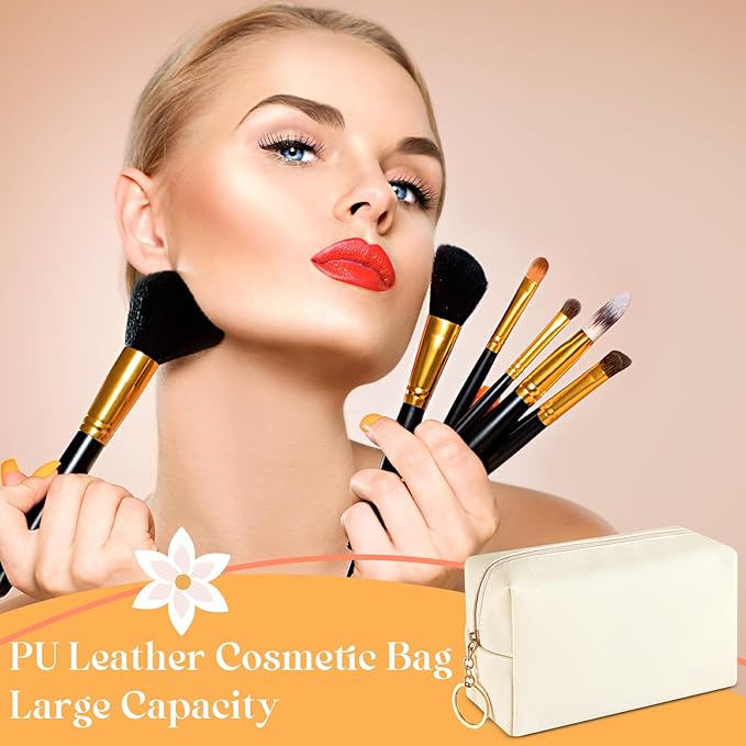 Chunful 24 Pcs Preppy Makeup Bag PU Leather Cosmetic Bag Bulk Makeup Plain Pouch Waterproof Toiletry Purse for Women Traveling Preppy Pencil Case Travel Purse Cosmetic(Beige)