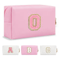 Personalized Initial A-Z Preppy Patch Makeup Bag,Small PU Leather Chenille Letter Cosmetic Bag with Zipper for Teen Girls,Pink Cute Travel Toiletry Bag,Birthday Monogrammed Gift for Daughter,Letter O