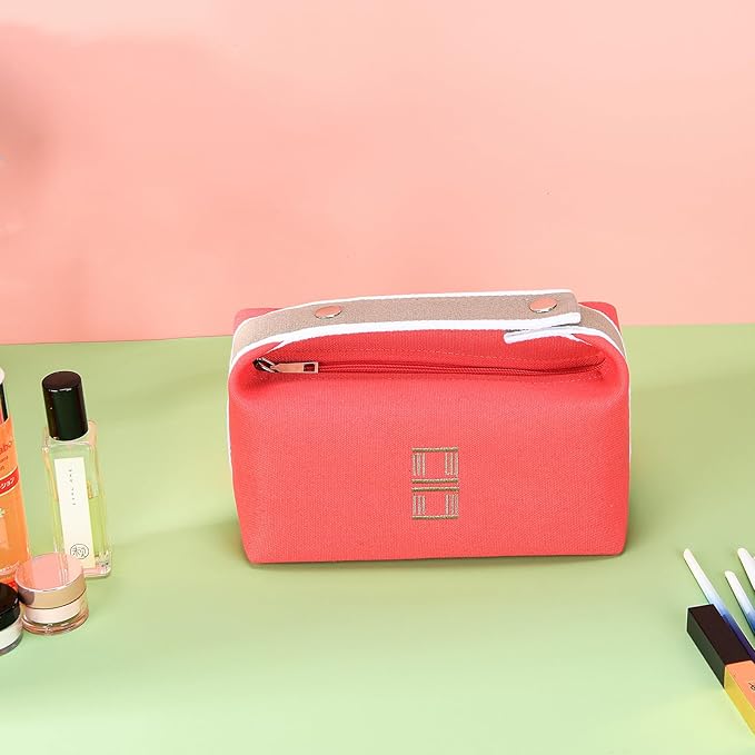 Fashion Makeup Bag for Women, Orange Red Canvas Make up Travel Bag, Hanging Cosmetic Bag Organizer for Wome
