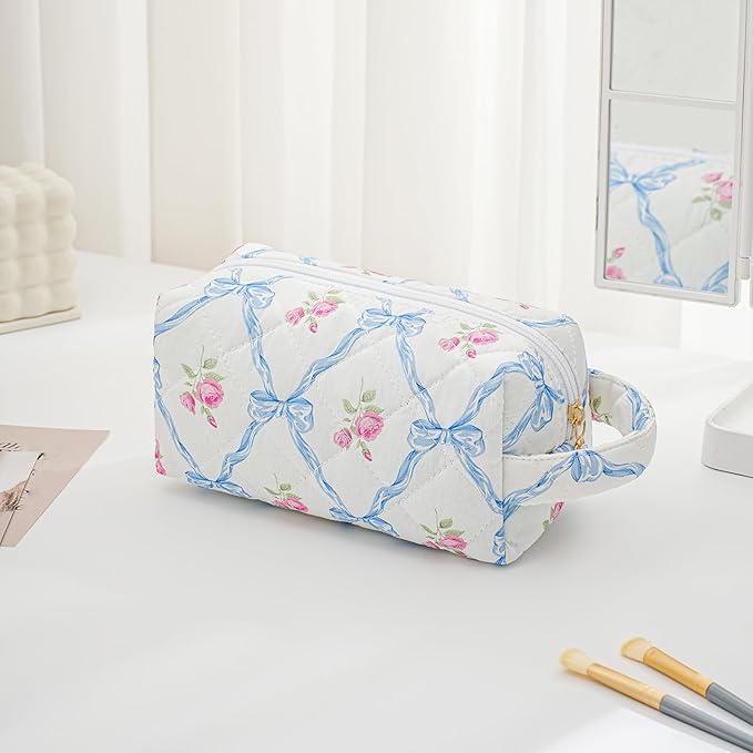 Makeup Bag Travel Cosmetic Bag for Women, Zipper Make Up Pouch, Floral Flowers Toiletry Organizer Makeup with Handle, Cosmetic Travel Cloth Bag (Blue Bowknot)