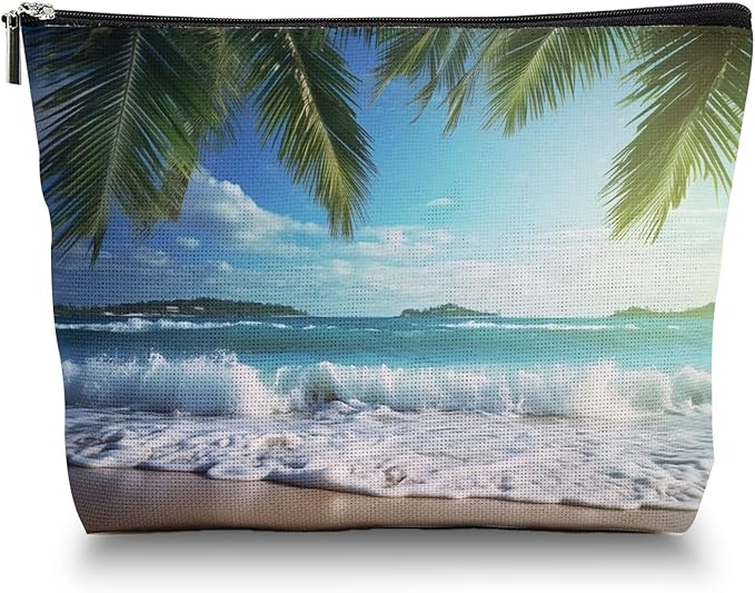 Makeup Bag Travel Cosmetic Bags Small Makeup Case Waterproof Zipper Pouch for Women Girls 7X9inches - Tropical Beach Scenery with Palm Trees