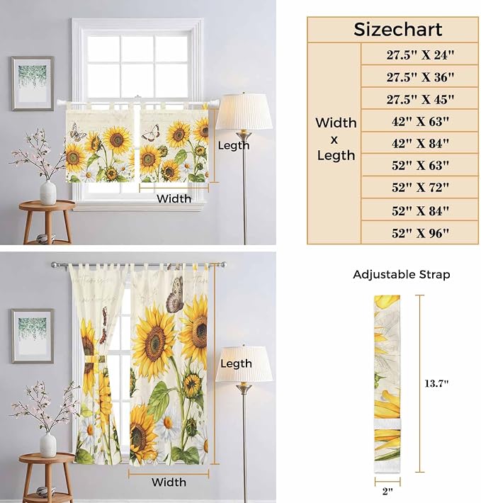 Farm Sunflowers Kitchen Curtains 36 Inch Length, Small Window Curtains Tab Top - Image 8