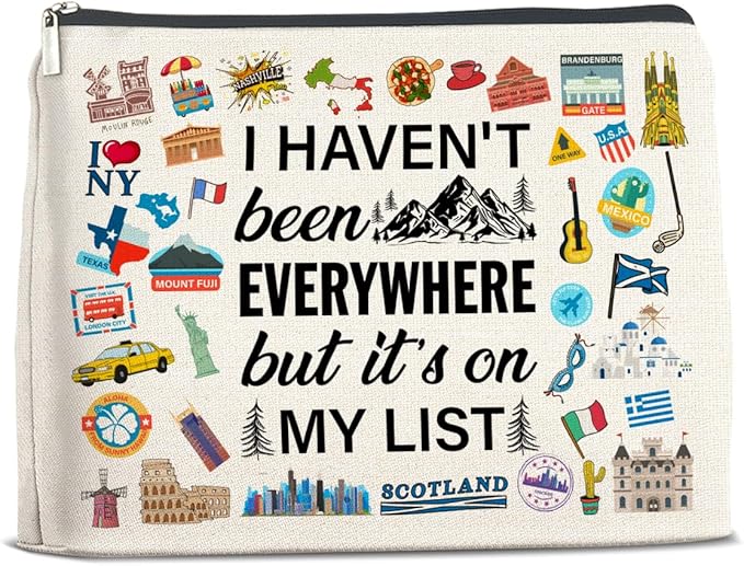 Travel Gifts Makeup Bag, Travelers Gifts for Women, Gifts for Women Who Like to Travel, Adventure I Haven't Been Everywhere But It's on My List Zipper Makeup Pouch