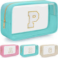 Personalized Initial Clear Makeup Bag, Travel Chenille Patch Cosmetic Bag, Preppy Toiletry Bag Monogram Cosmetic Pouch with Zipper, Ideal Gift for Teen Girls Women (Clear-Green, P)