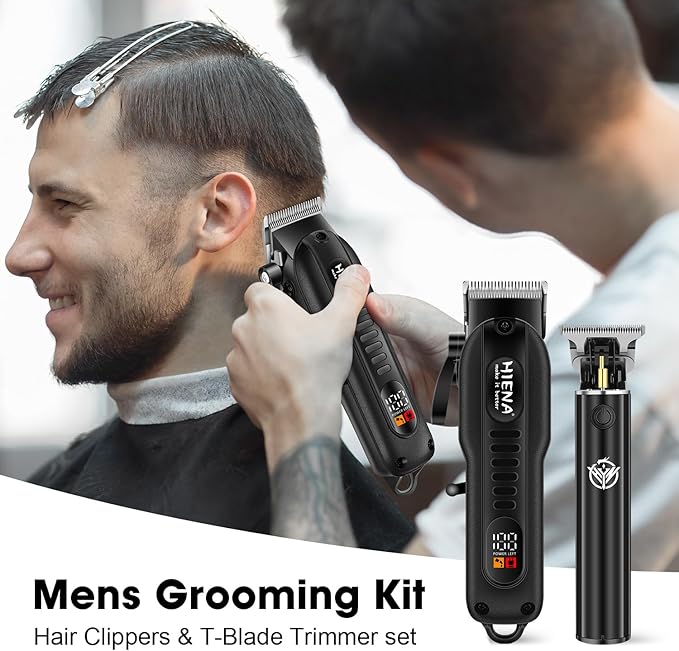 HIENA PRO Professional Hair Clippers Set for Men Cordless Hair Cutting Kit Barber Kit Rechargeable Clippers and Trimmers Set Clipper Set for Barbers with LED Display, Gifts for Men, (Black)