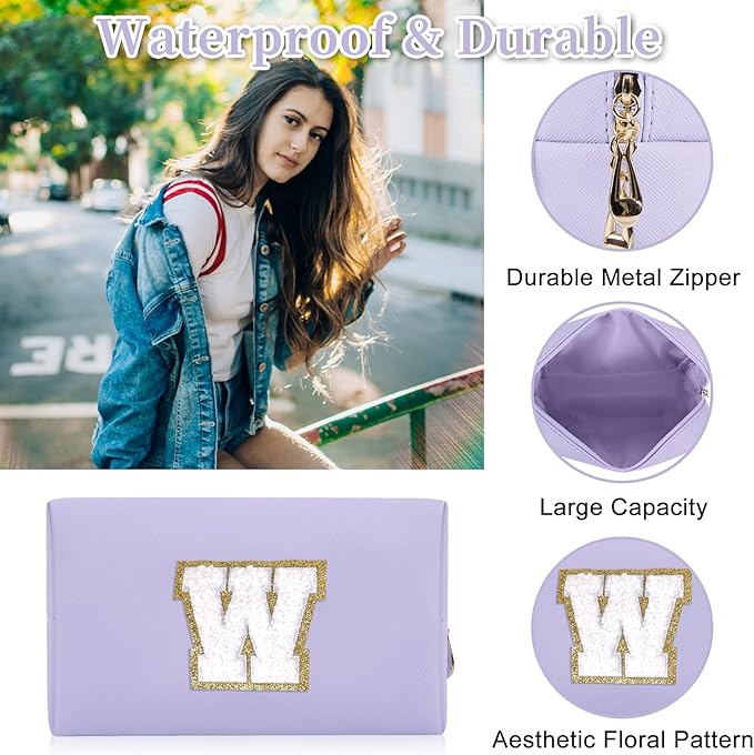Iqimott Personalized Initial Letter Patch Makeup Bag, Preppy Small Chenille Letter Cosmetic Bag with Zipper, PU Leather Waterproof Travel Toiletry Bag Monogram Make Up Pouch for Women Girls(Letter W)