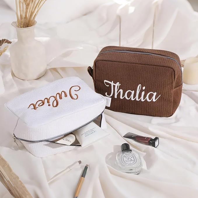 Personalized Embroidered Waffle Cosmetic Bags, Custom Thicken Beauty Makeup Packet Bag for Women Girls, Travel Makeup Pouch, Aesthetic Toiletry Case, Bridal Bridesmaid Party, Birthday, Wedding Gifts