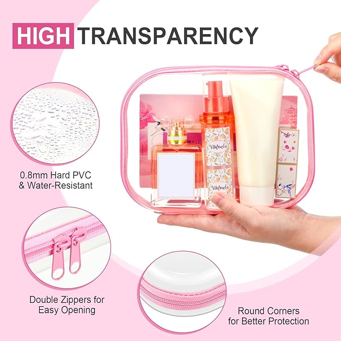Sanwuta 6 Pcs Clear Hard Zipper Case Hard Plastic Zipper Pouches Makeup Bag Pencil Pouches Transparent Cases for Snacks Plastic Storage Organizer Box for Travel(Pink,7.87 x 5.9 x 2 Inch)