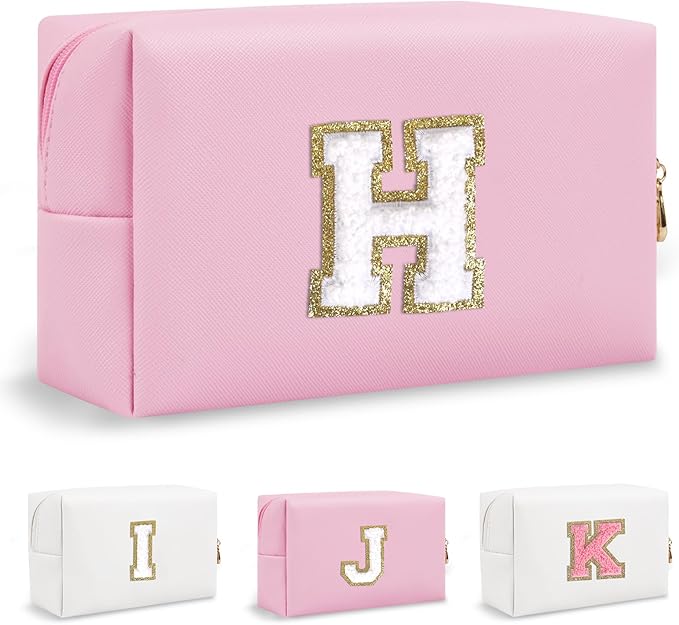Personalized Chenille Letter Preppy Makeup Bag, Small Pink Travel Cosmetic Bag Initial Toiletry Zipper Pouch Monogram Makeup Storage, Waterproof PU Make Up Case Travel Essentials for Women(Letter H)