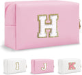 Personalized Chenille Letter Preppy Makeup Bag, Small Pink Travel Cosmetic Bag Initial Toiletry Zipper Pouch Monogram Makeup Storage, Waterproof PU Make Up Case Travel Essentials for Women(Letter H)