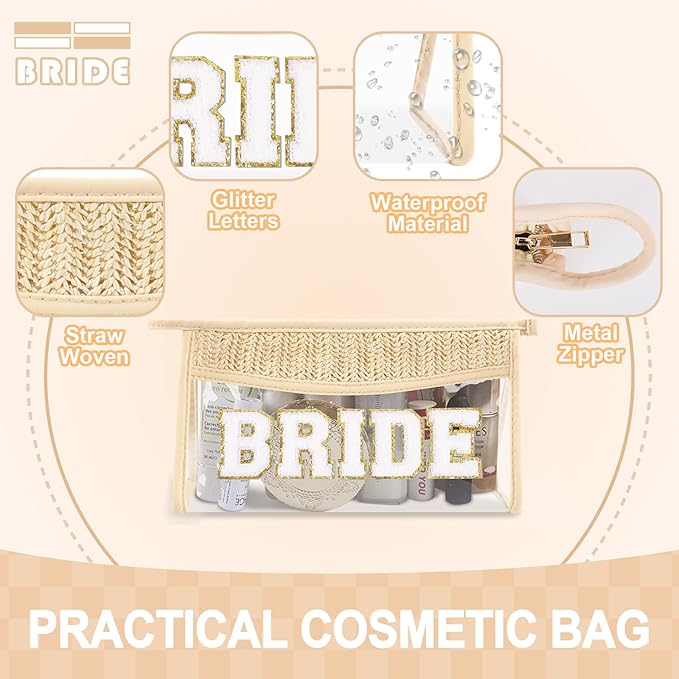 Small Boho Straw Clear Bride Makeup Bags for Women&Girls, Zipper Cosmetic Bag Chenille Varsity Letter Patch Bag, Preppy Cute Toiletry Pouch, Trendy Organizer Storage Bag for Beach Travel Essentials