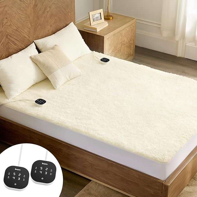 Bwarm Muilt-Zone Heated Mattress Pad King Wool Electic Mattress Pad, Touchscreen Bed Warmer with 9 Heat Settings, 1-12 Hours Auto Off Memory Deep Pocket,Machine Wash White King 78" x 80"
