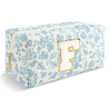 Personalized Quilted Cosmetic Bag, Puffy Monogrammed Christmas Birthday Gifts for Women & Girls, Cute initial Floral Makeup Bag Puffer Coquette Bag, Aesthetic Travel Toiletry Zipper Pouch(Blue,F)