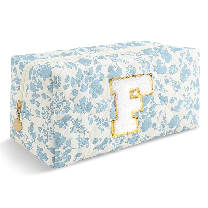 Personalized Quilted Cosmetic Bag, Puffy Monogrammed Christmas Birthday Gifts for Women & Girls, Cute initial Floral Makeup Bag Puffer Coquette Bag, Aesthetic Travel Toiletry Zipper Pouch(Blue,F)