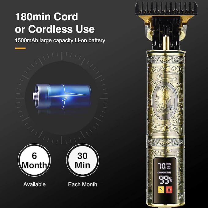 Men's T-Blade Hair Clippers, Waterproof & Low Noise, Professional Hair Trimmer, USB Quick Charge & LED Display, Ergonomic All Metal Design