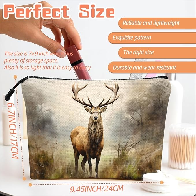 Cosmetic Bags Travel Makeup Toilet Case Waterproof Pouch for Women Girls 6.7X9.45inches - Stag in A Misty Forest Landscape