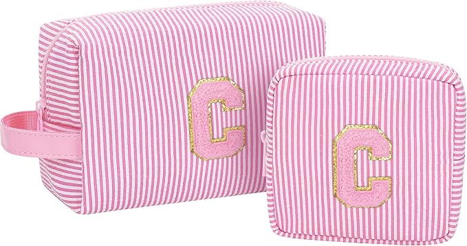MONSTINA Personalized Initial Makeup Bag| Toiletry Bag for Girls&Women,Make Up Case for Girlfriend Bridesmaid Wife,Birthday Gift for Her Cute,2PCS,Pink C