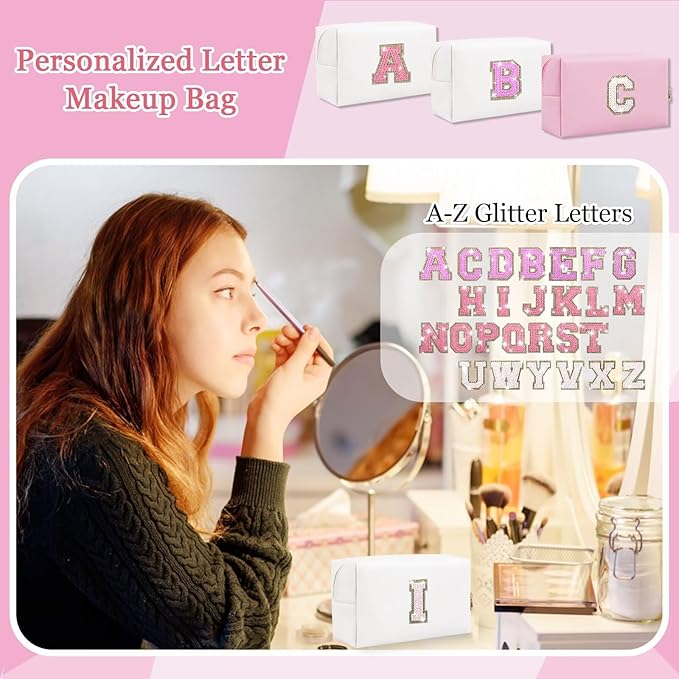 Small Personalized Glitter Initial Letter Makeup Bag, Cute PU Leather Chenille Letters Cosmetic Bag Travel Makeup Pouch, Preppy Travel Organizer Zipper Pouch for Women&Girls（White-I）