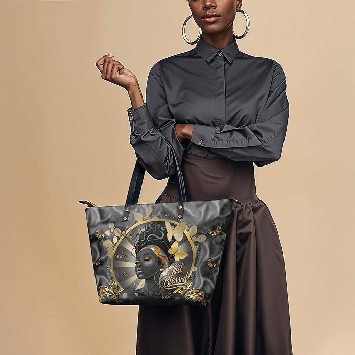 African Black Women's Leather Tote Bag, Large, Premium Vegan Leather, Full Zip, Perfect Christmas Gifts For Women