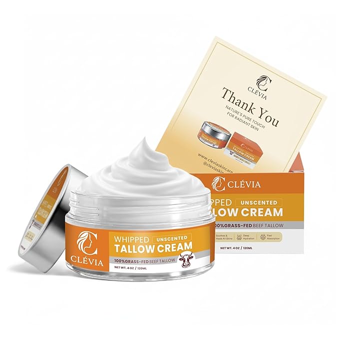 Beef Tallow Moisturizer with Organic Jojoba Oil 4 oz - Ancestral Anti-Wrinkle Skincare - Grass Fed Tallow Cream for Face & Body - Whipped Tallow Balm for Dry & Sensitive Skin Repair | Unscented