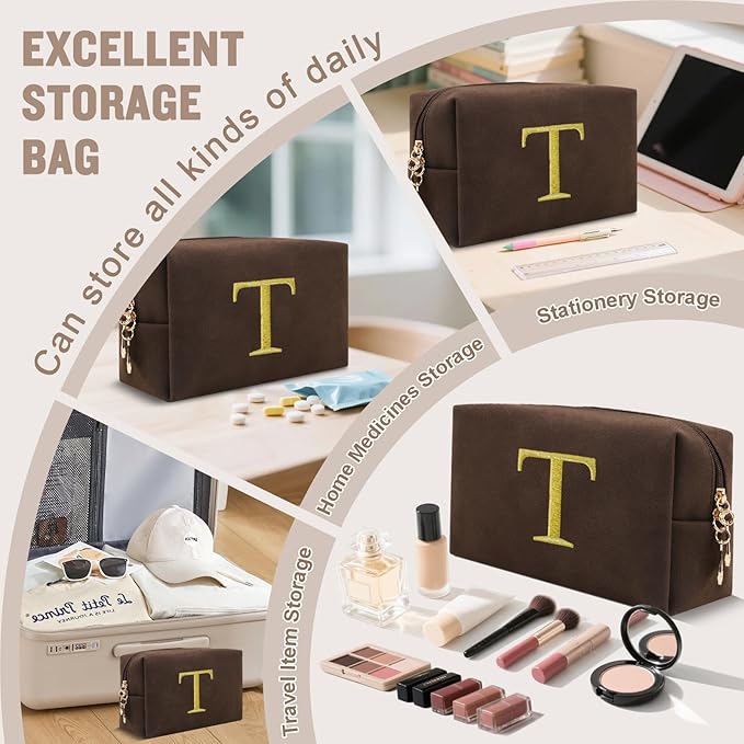 Personalized Initial Makeup Bag,Preppy Suede Cosmetic Bag for Teen Girls,Small Monogram Travel Toiletry Bag With Gold Embroidered Letter,Trendy Stuff Custom Christmas Gift for Women(Coffee-T)