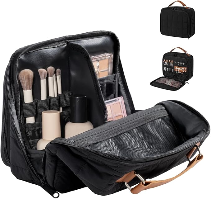 MOKURA Quilted Makeup Bag, Large Capacity Cosmetic Bag with Jewelry Organizer, Portable Make up Pouch, Waterproof Travel Toiletry Case with Compartments, Gifts for Women Girls, Black