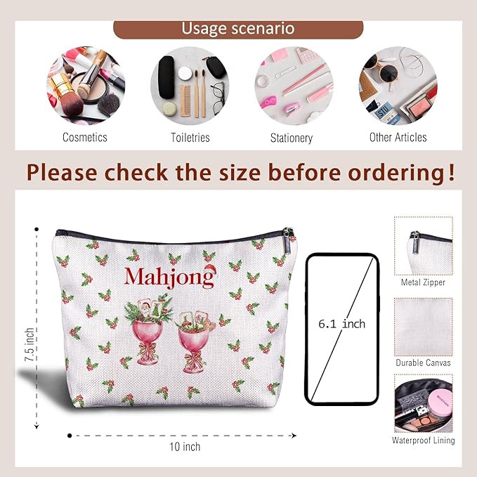 Christmas Mahjong Cocktail Makeup Bag, Mahjong Lover Player Gifts Cosmetic Bags for Women, Gifts for Cocktail Lovers, Christmas Holly Berry Mah Jong Makeup Zipper Pouch