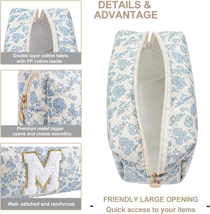 Gleyemor Personalized Initial Makeup Bag for Women, Cute Quilted Blue Floral Cotton Cosmetic Bag, Christmas Gifts for Her Mom Friend Sister Bridesmaid Teacher Women M