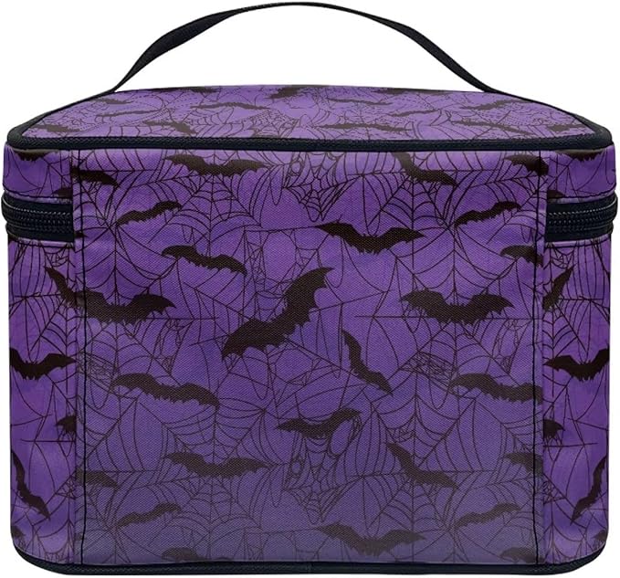 Gothic Halloween Purple Spider Web Bag Bats Print Makeup Bag Travel Cosmetic Bag with Zipper and Handle Portable Large Capacity Toiletry Case for Women Ladies Travel Accessories