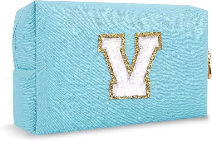 Personalized Initial Preppy Patch Makeup Bag, Cute Blue Cosmetic Organizer Travel Toiletry Zipper Pouch Small Makeup Bag for Purse, PU Leather Make Up Storage Valentines Day Gifts for Women(Letter V)