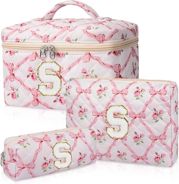 Personalized Initial Makeup Bag Set, Quilted Makeup Bag, Large Floral Cosmetic Bag for Women, Cute Cotton Custom Make up Bags, Flower Travel Toiletry Bag Teen Girl Gift Trendy Stuff Gift S
